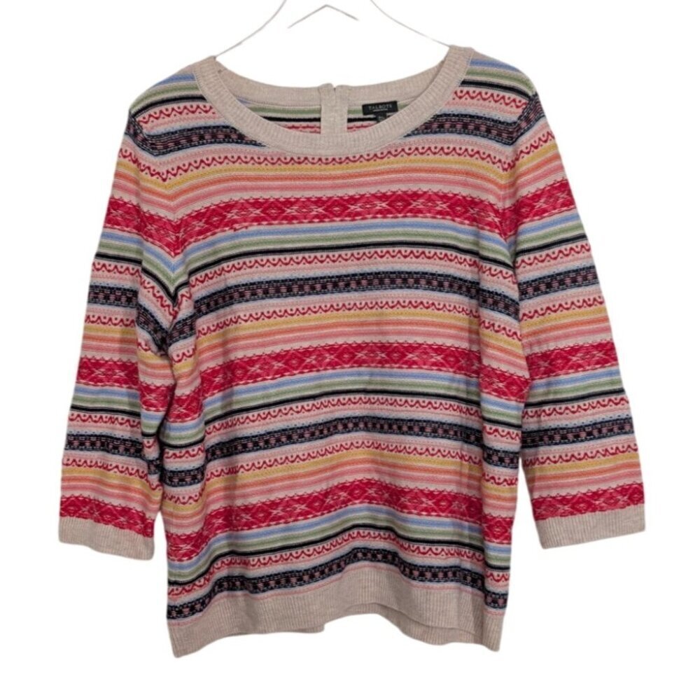 Talbots Fair Isle Sweater Womens Petite Size 2X Beige Colorful Lambswool Blend